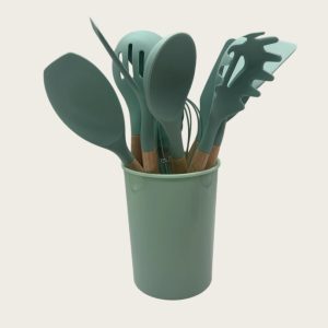 Home non stick cookware cooking set with storage bucket, green wooden handle, silicone cookware 11 piece set