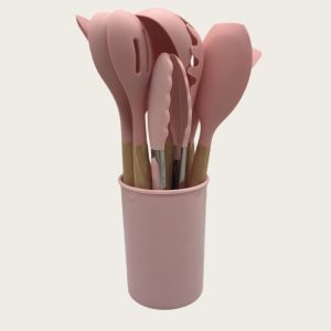 Home non stick cookware cooking set with storage bucket, pink wooden handle, silicone cookware 11 piece set